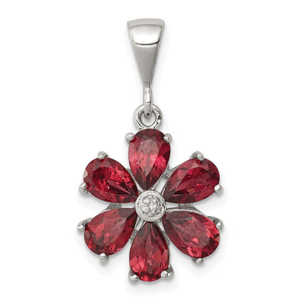 Sterlingsilber Rhodium Granat & Diamant Blume Anhänger