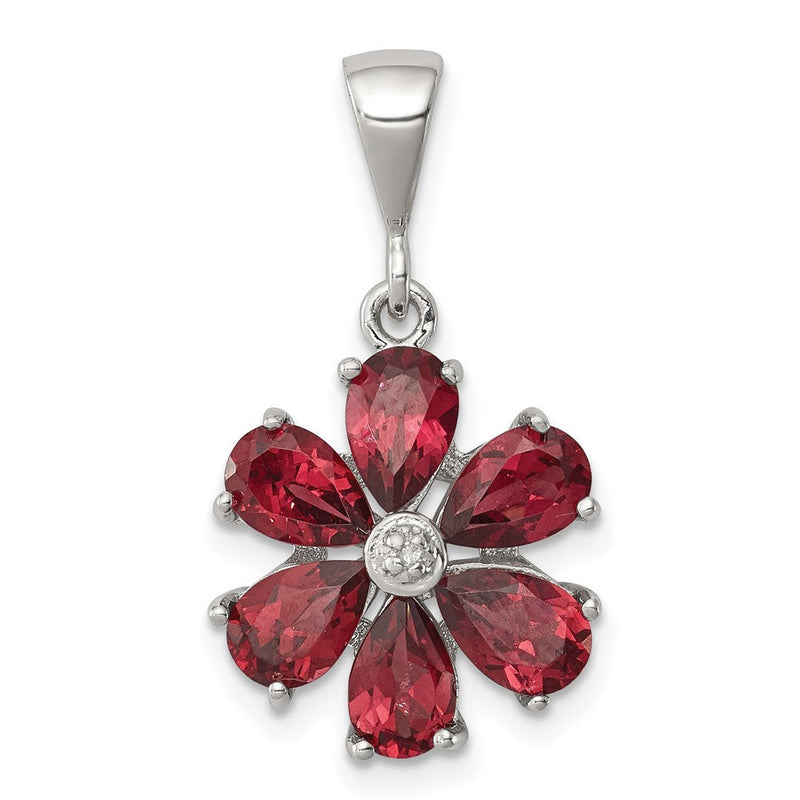 Sterlingsilber Rhodium Granat & Diamant Blume Anhänger