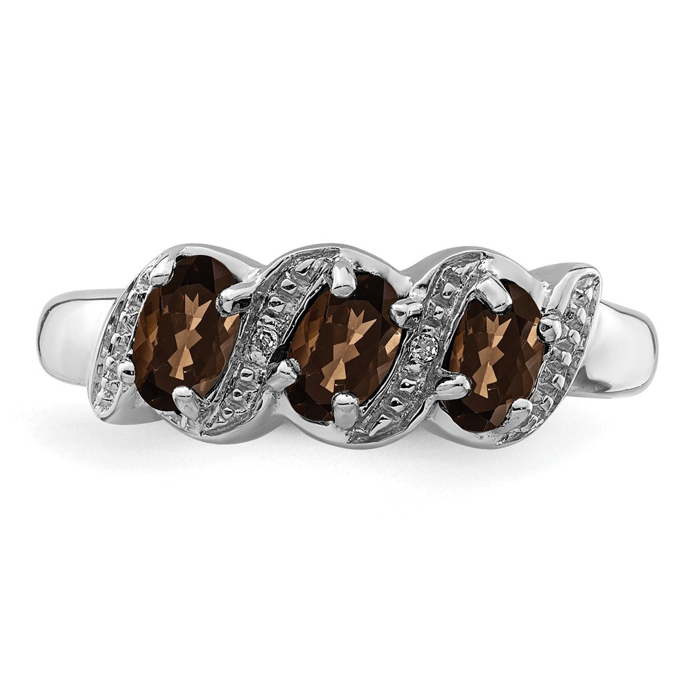 Sterlingsilber Rhodium 3 Stein Rauch Quarz & Diamant Ring
