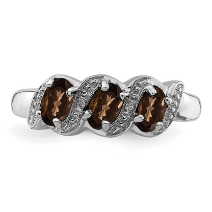 Sterlingsilber Rhodium 3 Stein Rauch Quarz & Diamant Ring