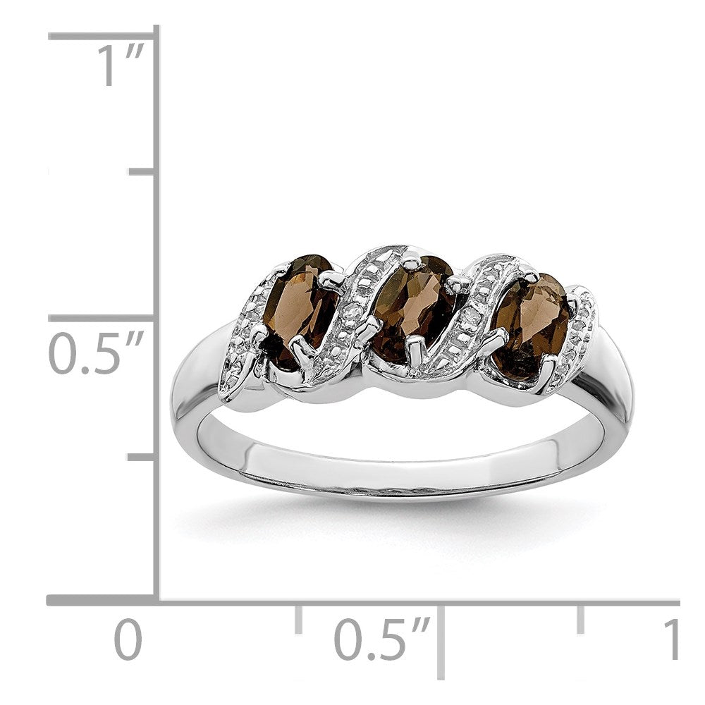 Sterlingsilber Rhodium 3 Stein Rauch Quarz & Diamant Ring