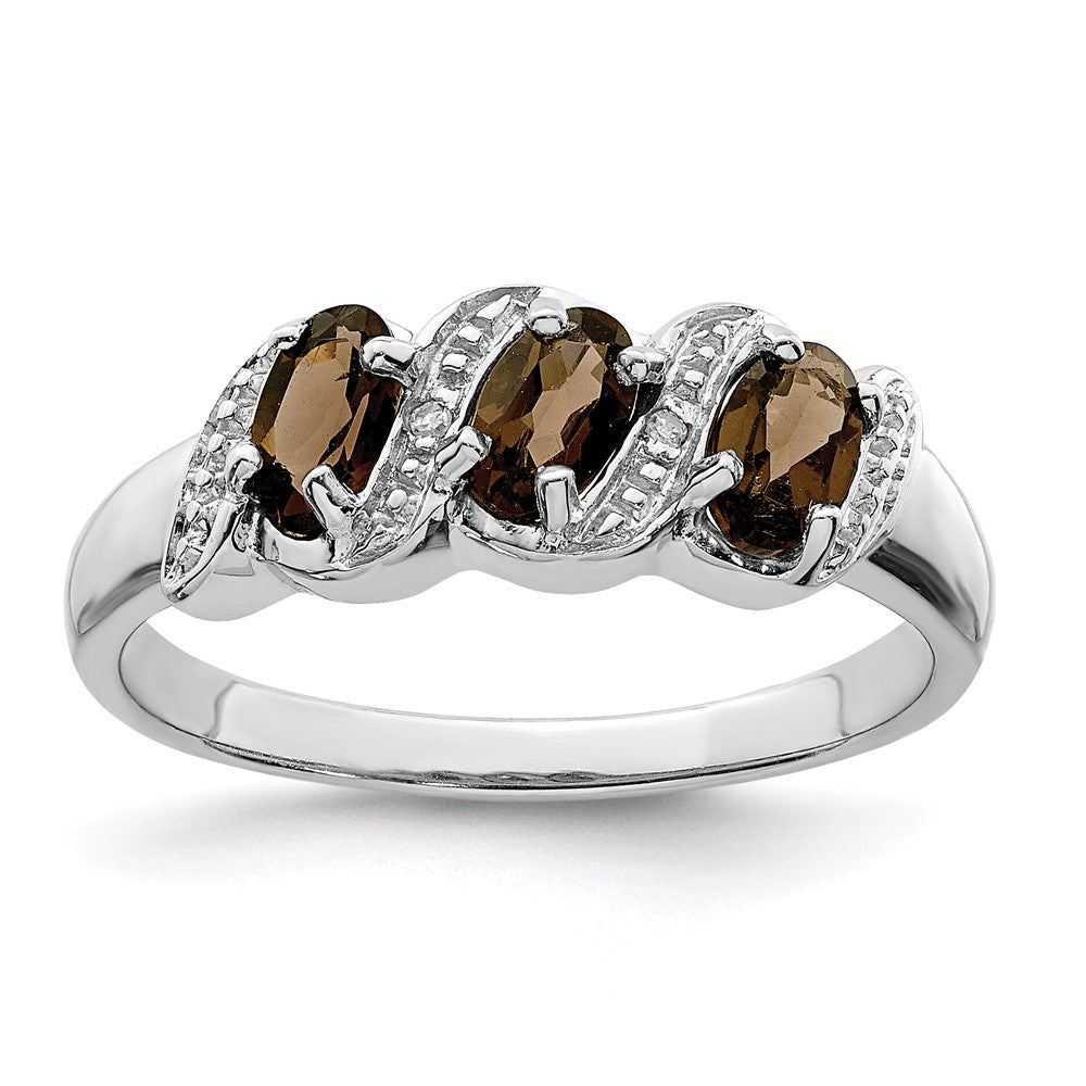 Sterlingsilber Rhodium 3 Stein Rauch Quarz & Diamant Ring