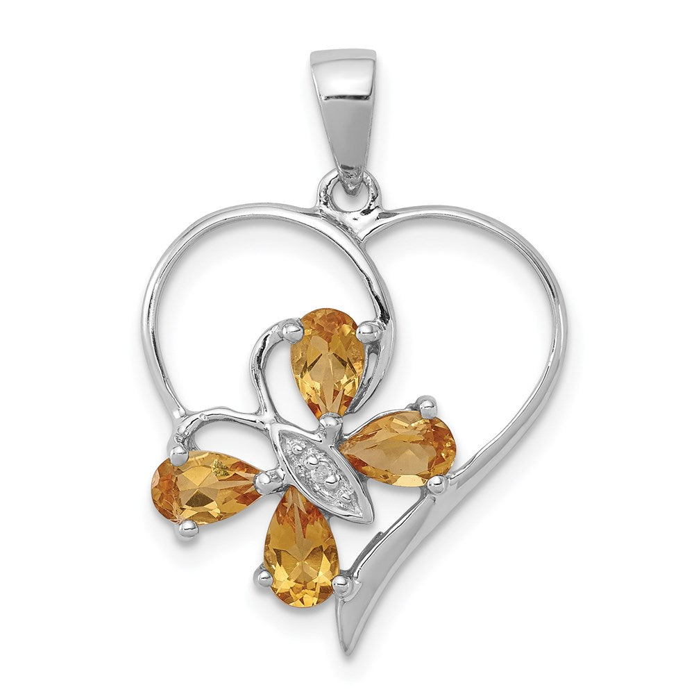 Sterlingsilber Rhodium Citrin & Diamant Schmetterling Herz Anhänger