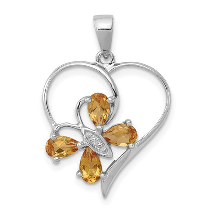Sterlingsilber Rhodium Citrin & Diamant Schmetterling Herz Anhänger