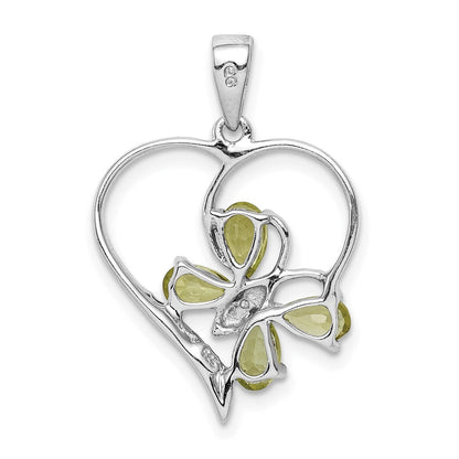 Sterlingsilber Rhodiniert Peridot und Diamant Schmetterling Herz Anhänger