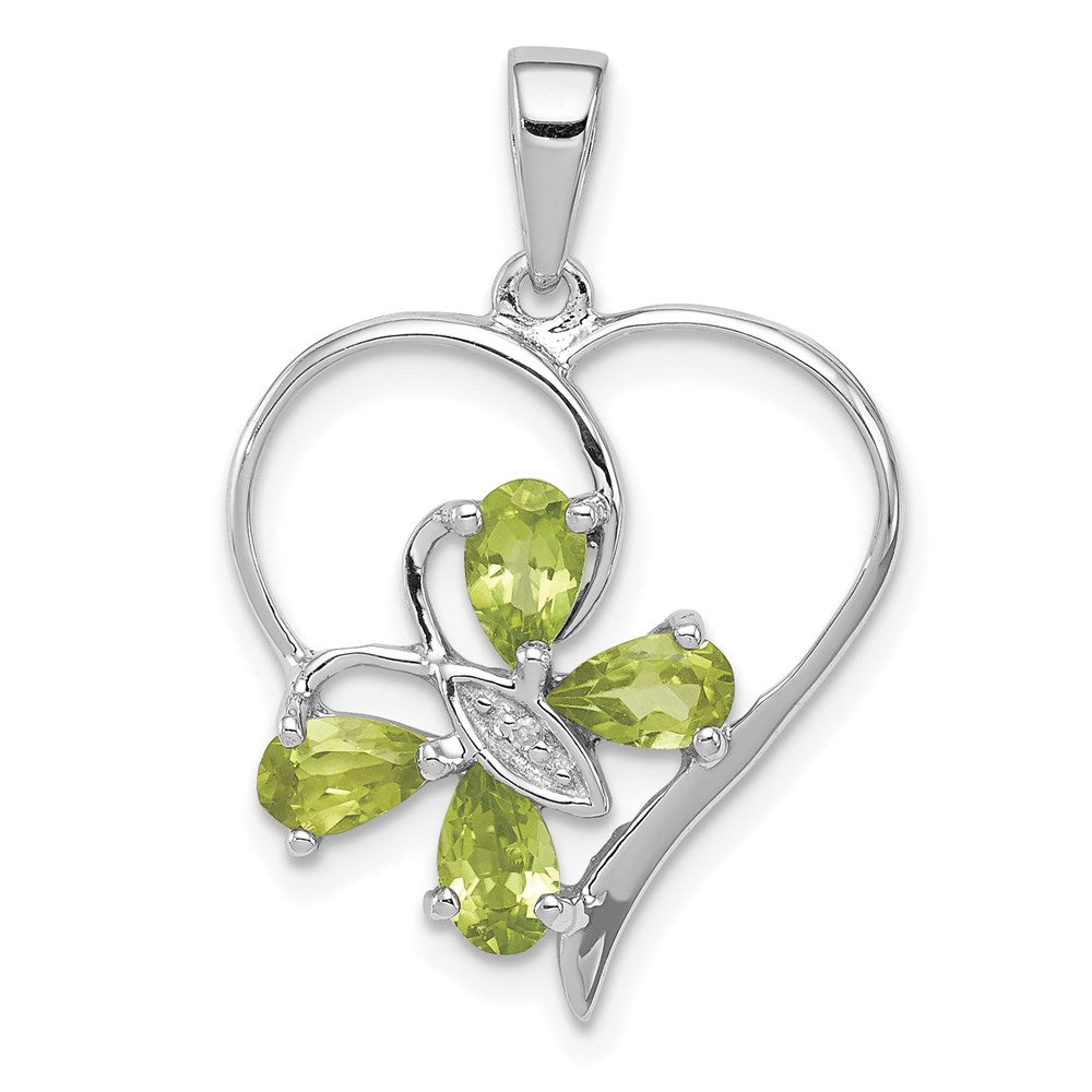 Sterlingsilber Rhodiniert Peridot und Diamant Schmetterling Herz Anhänger