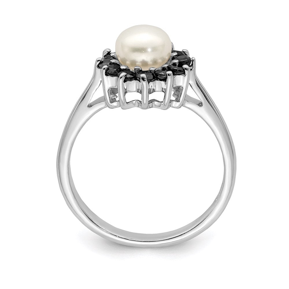 Sterlingsilber Rhodium 6mm Fw Zucht Knopf Perle & Saphir Ring