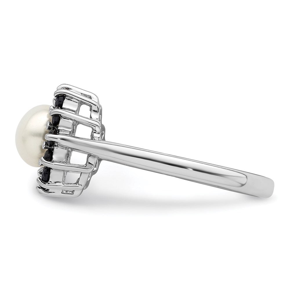 Sterlingsilber Rhod 6mm Fw Zucht Knopf Perle & Saphir Ring