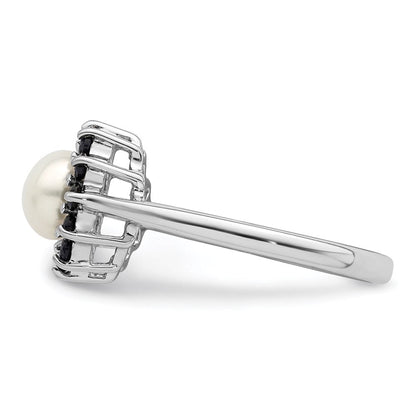 Sterlingsilber Rhod 6mm Fw Zucht Knopf Perle & Saphir Ring