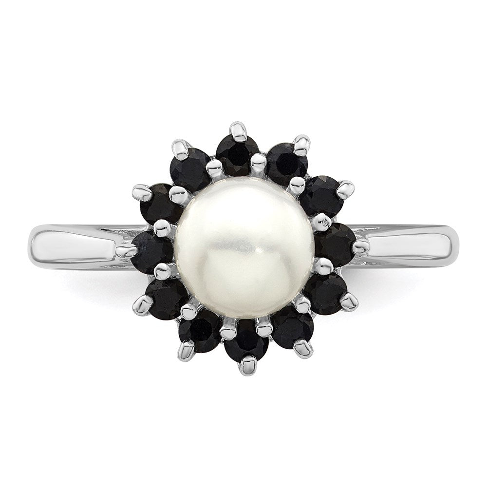 Sterlingsilber Rhod 6mm Fw Zucht Knopf Perle & Saphir Ring