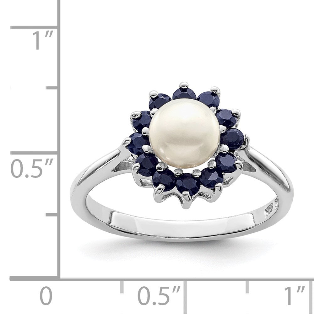 Sterlingsilber Rhod 6mm Fw Zucht Knopf Perle & Saphir Ring