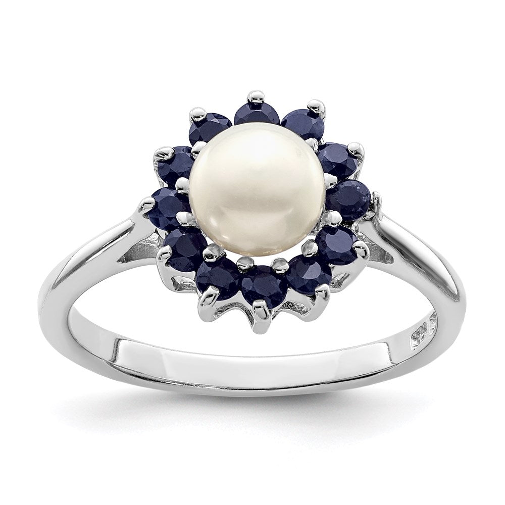 Sterlingsilber Rhod 6mm Fw Zucht Knopf Perle & Saphir Ring