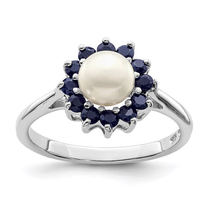 Sterlingsilber Rhod 6mm Fw Zucht Knopf Perle & Saphir Ring