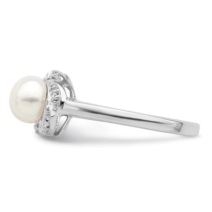 Sterlingsilber Rhodium 6mm Fw Zucht Knopf Perle & Diamant Ring