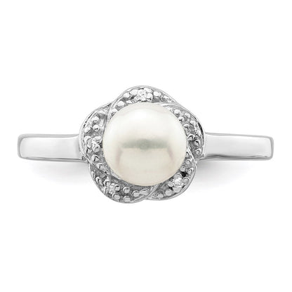 Sterlingsilber Rhodium 6mm Fw Zucht Knopf Perle & Diamant Ring