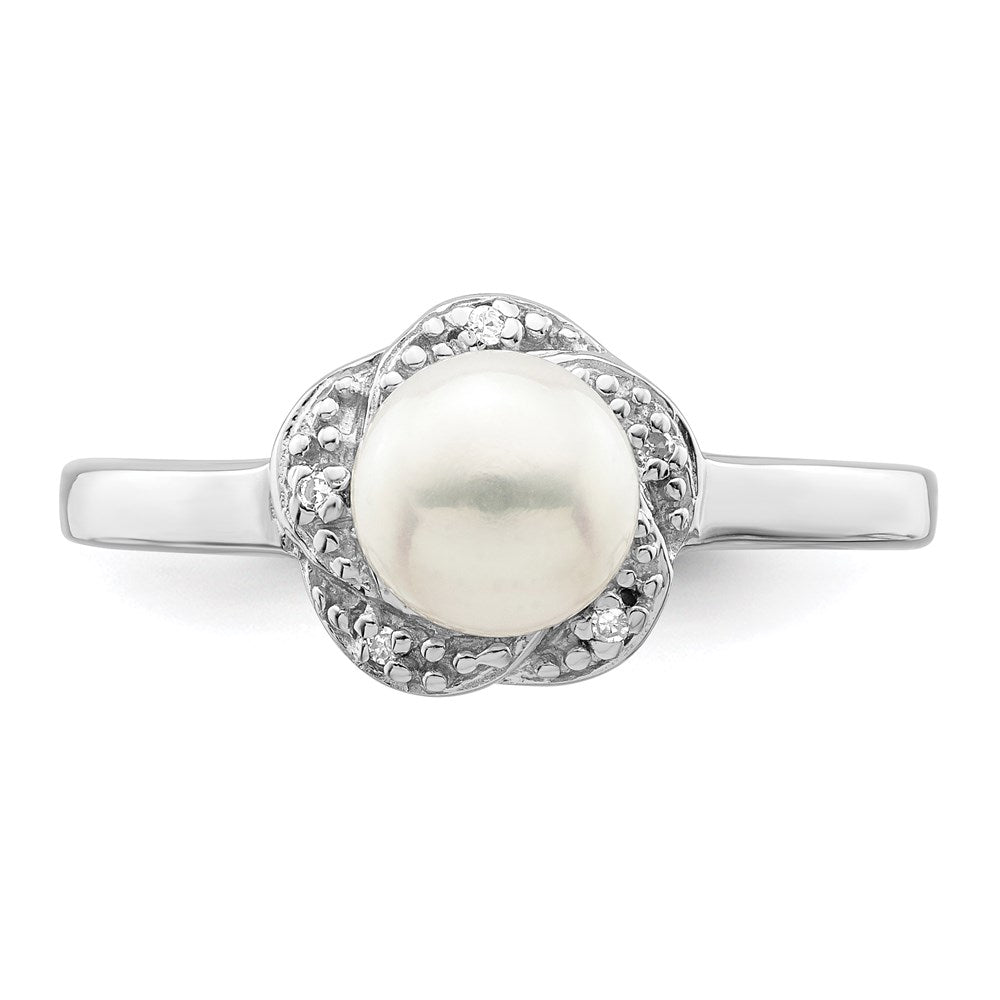 Sterlingsilber Rhodium 6mm Fw Zucht Knopf Perle & Diamant Ring