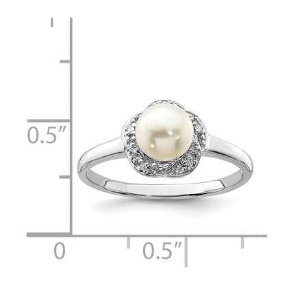 Sterlingsilber Rhodium 6mm Fw Zucht Knopf Perle & Diamant Ring