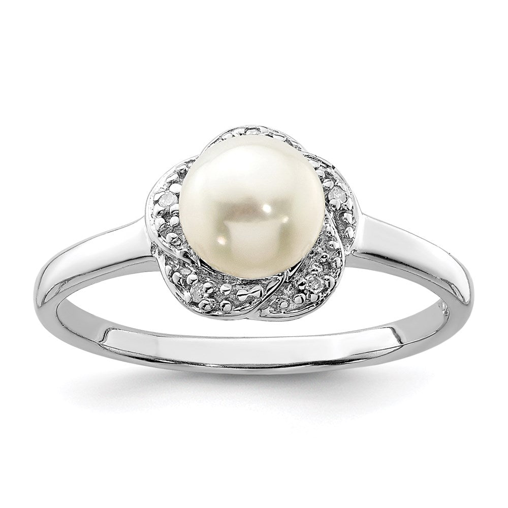 Sterlingsilber Rhodium 6mm Fw Zucht Knopf Perle & Diamant Ring