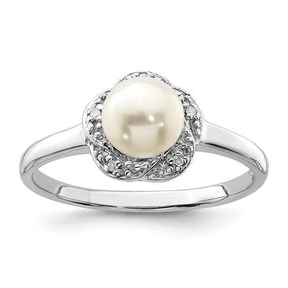 Sterlingsilber Rhodium 6mm Fw Zucht Knopf Perle & Diamant Ring