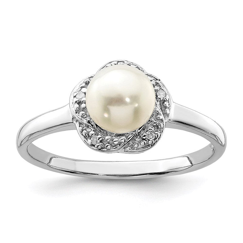 Sterlingsilber Rhodium 6mm Fw Zucht Knopf Perle & Diamant Ring