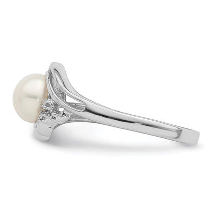 Sterlingsilber Rhodium 6mm Fw Zucht Knopf Perle & Diamant Ring