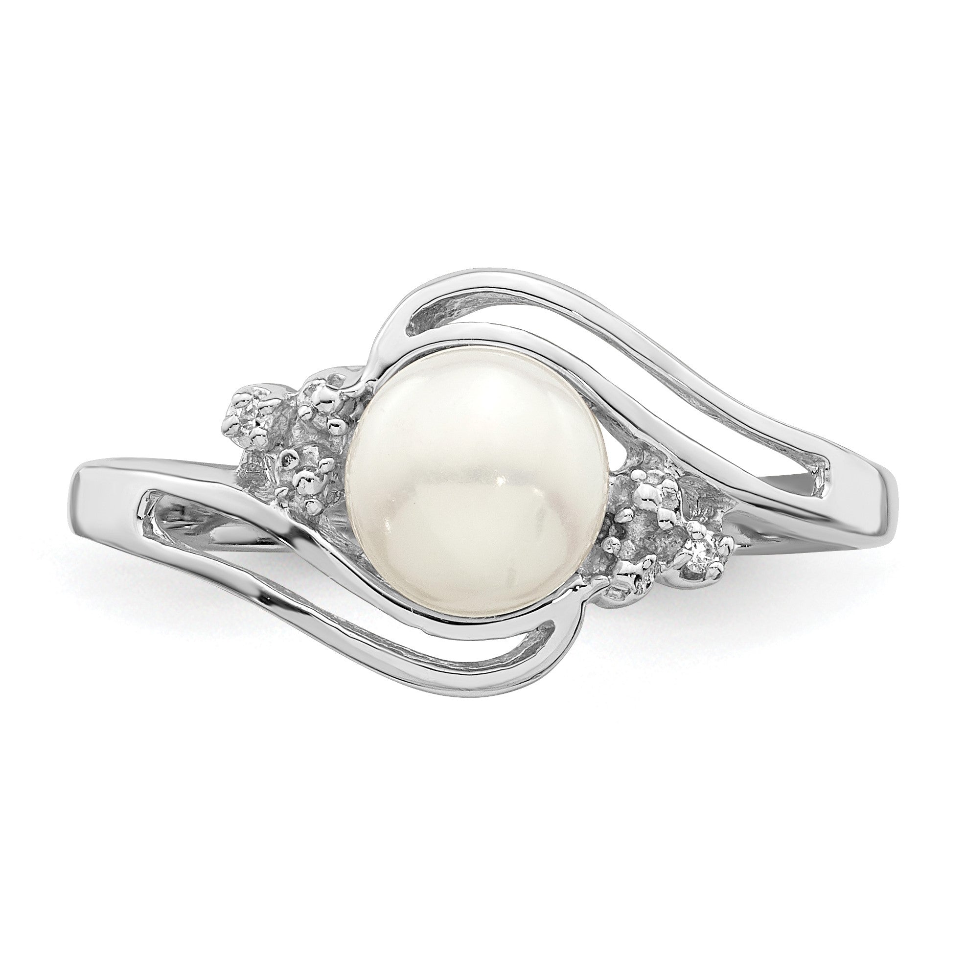 Sterlingsilber Rhodium 6mm Fw Zucht Knopf Perle & Diamant Ring