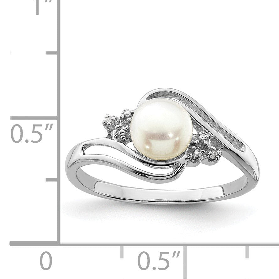 Sterlingsilber Rhodium 6mm Fw Zucht Knopf Perle & Diamant Ring