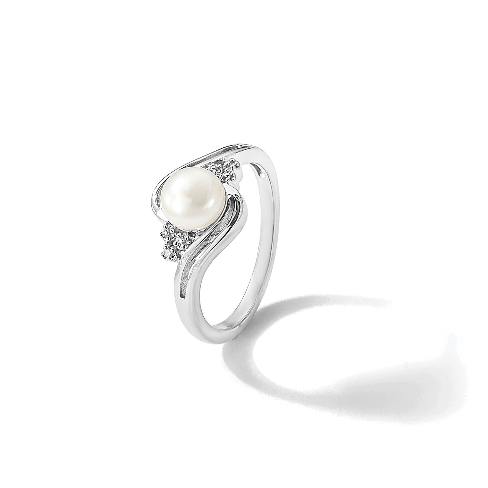 Sterlingsilber Rhodium 6mm Fw Zucht Knopf Perle & Diamant Ring