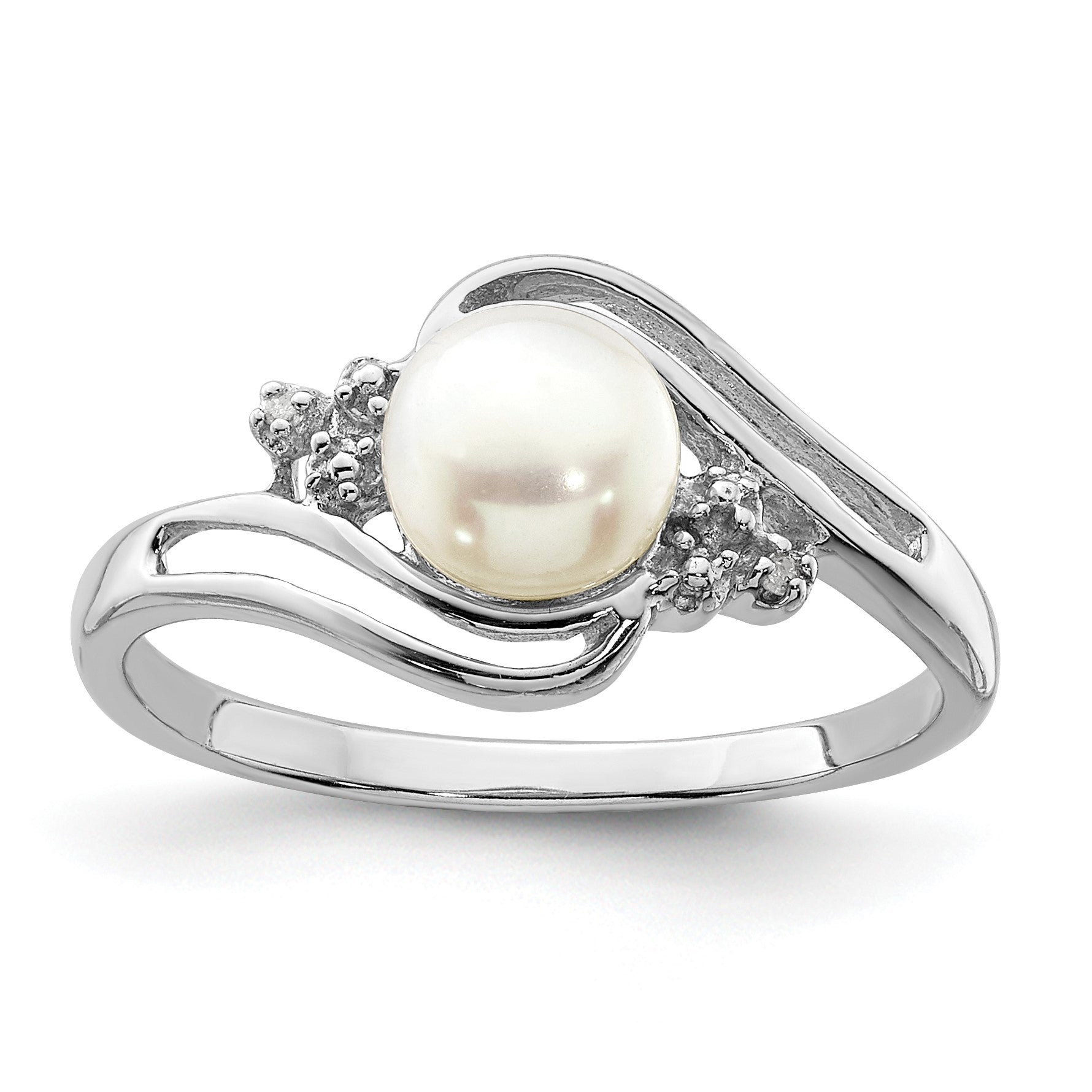 Sterlingsilber Rhodium 6mm Fw Zucht Knopf Perle & Diamant Ring