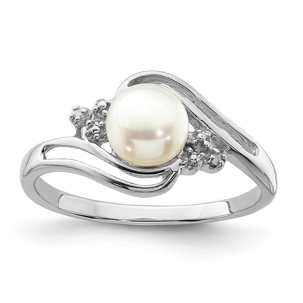 Sterlingsilber Rhodium 6mm Fw Zucht Knopf Perle & Diamant Ring