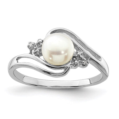 Sterlingsilber Rhodium 6mm Fw Zucht Knopf Perle & Diamant Ring