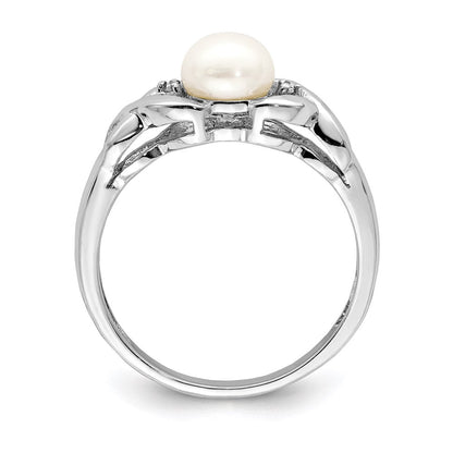 Sterlingsilber Rhodium Fw Zucht Knopf Perle & Diamant Ring