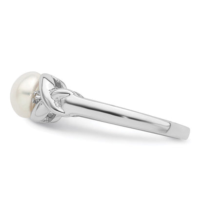 Sterlingsilber Rhodium Fw Zucht Knopf Perle & Diamant Ring