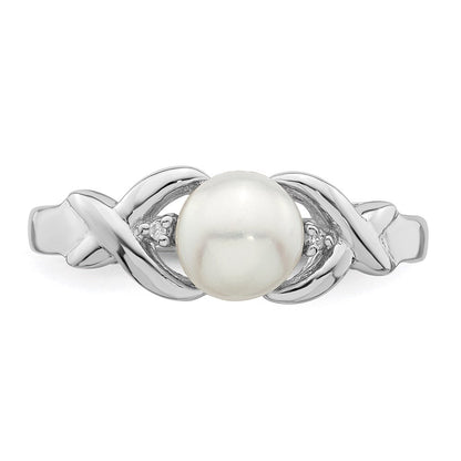 Sterlingsilber Rhodium Fw Zucht Knopf Perle & Diamant Ring