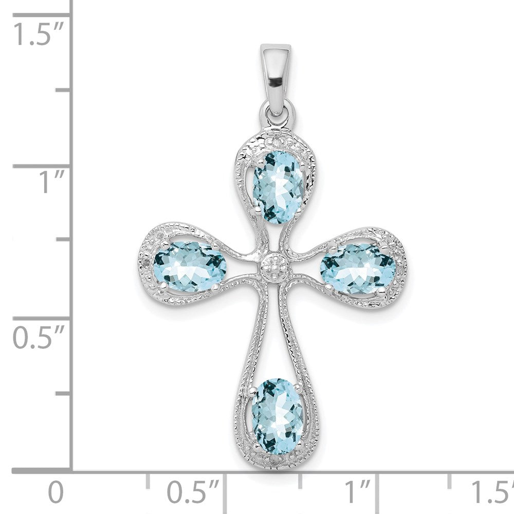 Sterlingsilber Rhodiniert Aquamarin & Diamant Kreuz Anhänger