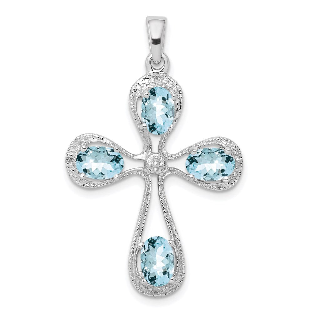 Sterlingsilber Rhodiniert Aquamarin & Diamant Kreuz Anhänger