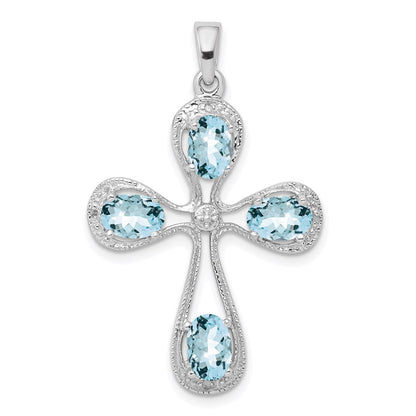 Sterlingsilber Rhodiniert Aquamarin & Diamant Kreuz Anhänger