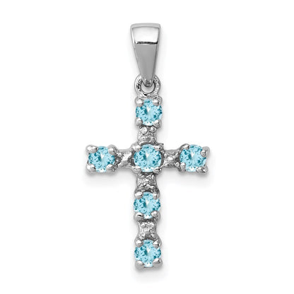 Sterlingsilber Rhodium Lt Sw Blautopas Kreuz & Diamant Akzente Anhänger