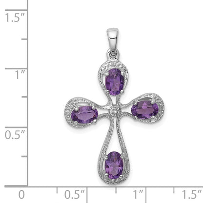 Sterlingsilber Rhodiniert Amethyst und Diamant Kreuz Anhänger