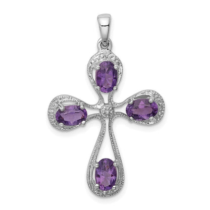 Sterlingsilber Rhodiniert Amethyst und Diamant Kreuz Anhänger