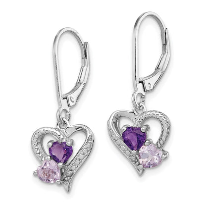 Sterlingsilber Rhodiniert Amethyst Rosa Quarz und Diamant Herz Ohrringe