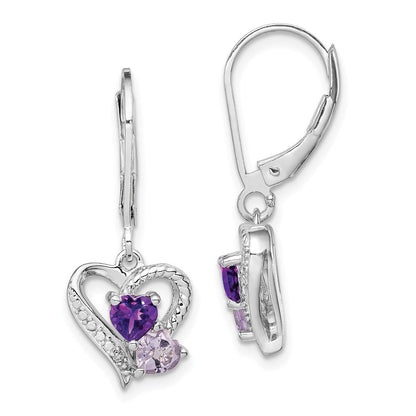 Sterlingsilber Rhodiniert Amethyst Rosa Quarz und Diamant Herz Ohrringe