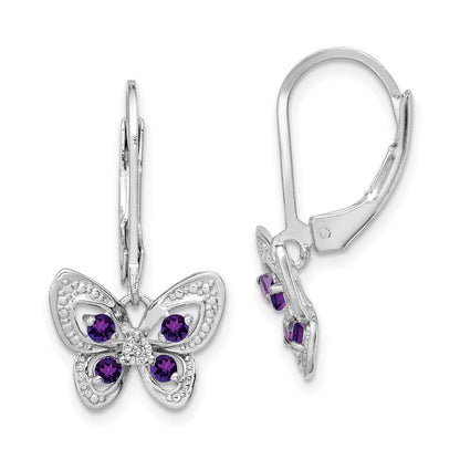Sterlingsilber Rhodiniert Amethyst und Diamant Schmetterling Ohrringe
