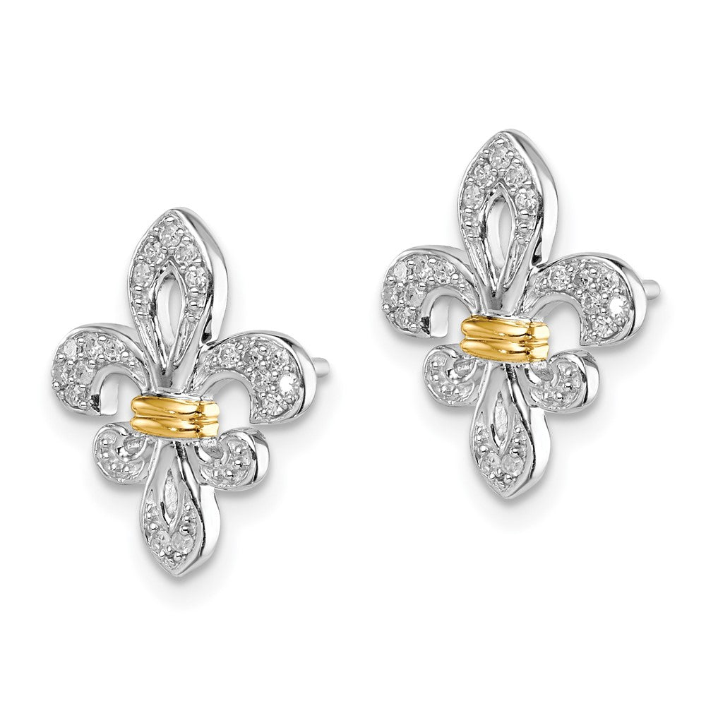 Sterlingsilber Rhodium & 14K Gelbgold Diamant. Fleur De Lis Ohrstecker