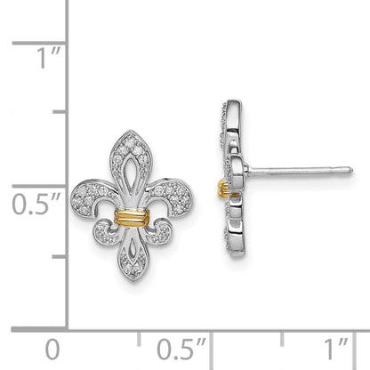 Sterlingsilber Rhodium & 14K Gelbgold Diamant. Fleur De Lis Ohrstecker