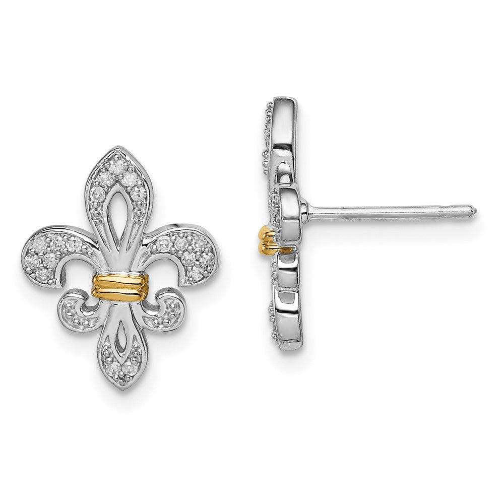 Sterlingsilber Rhodium & 14K Gelbgold Diamant. Fleur De Lis Ohrstecker