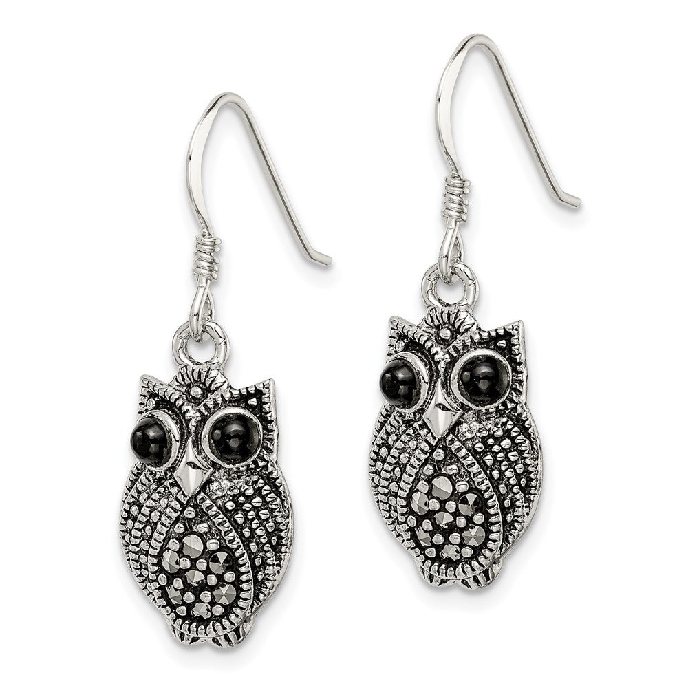 Sterlingsilber Antikisiert Markasit/blk Achat Eule Hirte Haken Ohrringe