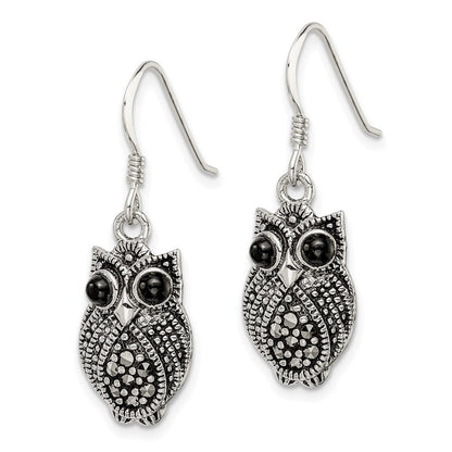 Sterlingsilber Antikisiert Markasit/blk Achat Eule Hirte Haken Ohrringe