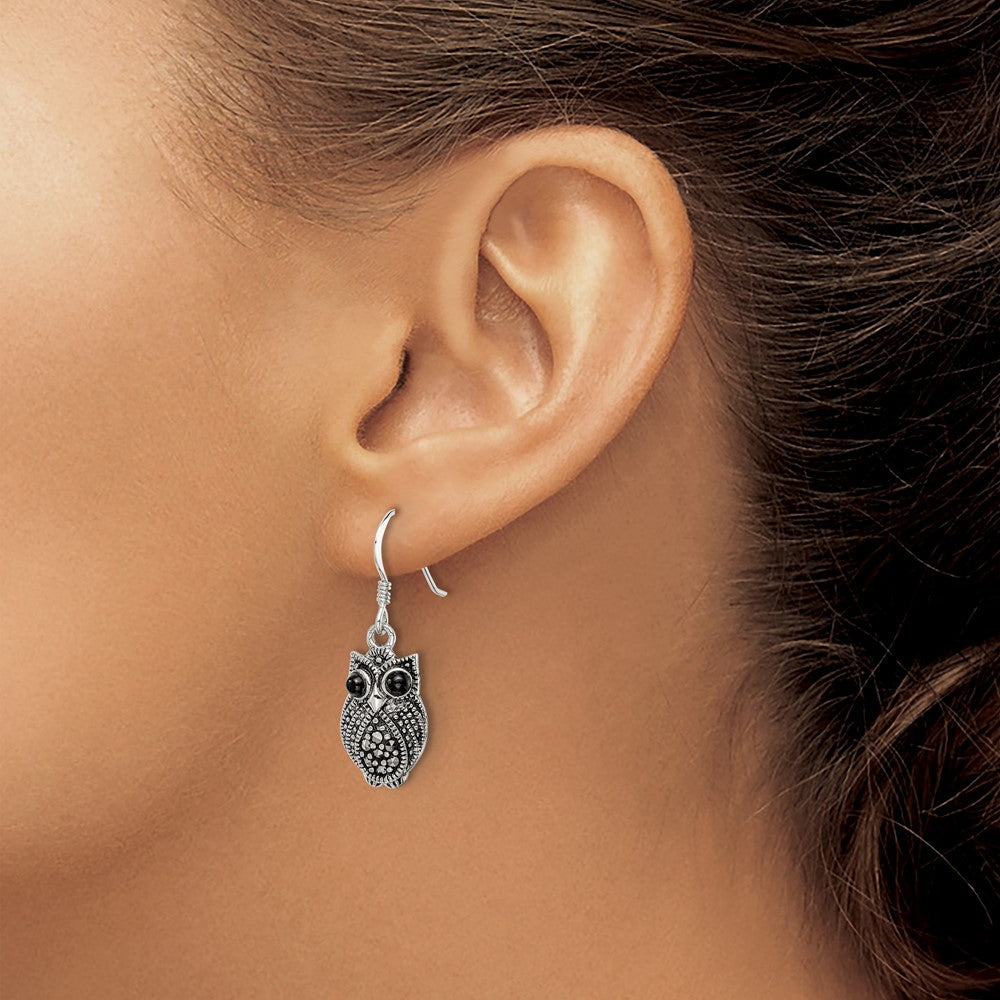 Sterlingsilber Antikisiert Markasit/blk Achat Eule Hirte Haken Ohrringe