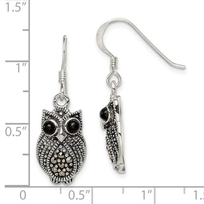 Sterlingsilber Antikisiert Markasit/blk Achat Eule Hirte Haken Ohrringe